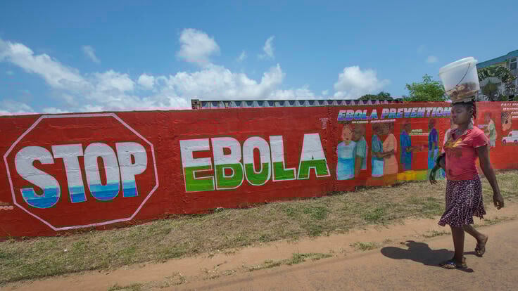 A woman in Monrovia, Liberia, walks past a mural that reads "Stop Ebola." 