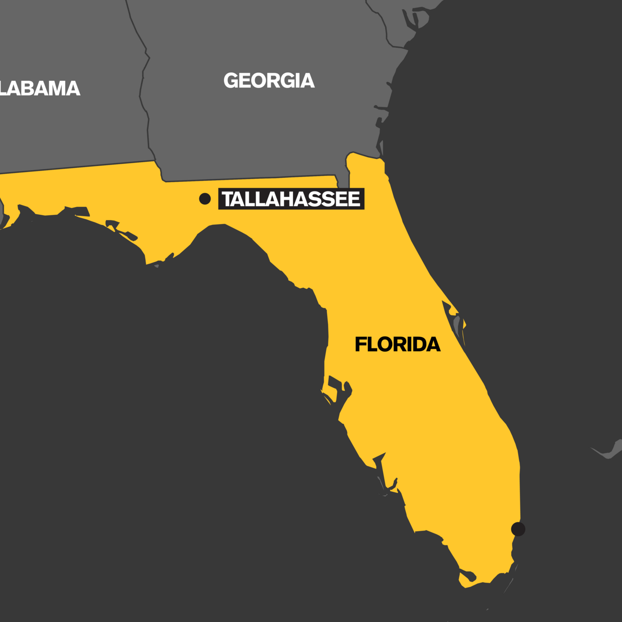 A map which highlights the state of Florida in yellow.